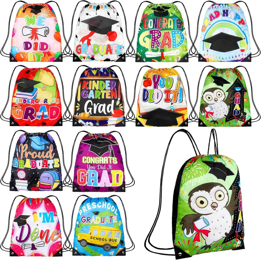 Durony 36 Pieces Kindergarten Graduation Gift Bags Preschool Graduation Party Favors Drawstring Bags for Students, 12 Styles