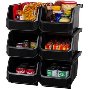 Plastic Containers for Organizing and Storage Bins for Closet, Kitchen, Office, Garage or Pantry Organization, Stackable Bins, Large (14.8" x 8" x 7"), 6-Pack, Black