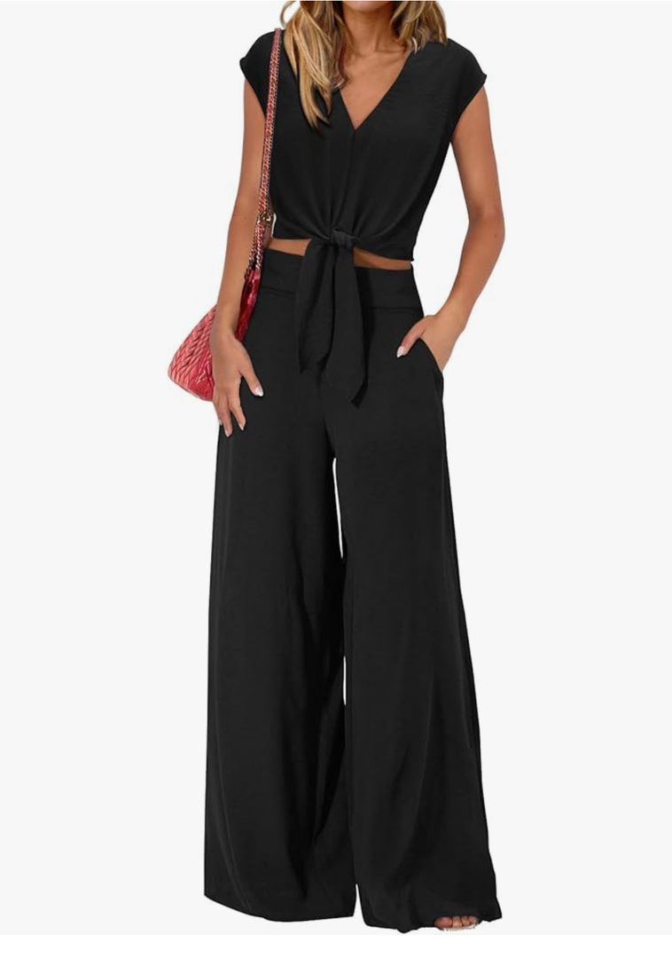 Fashion Women's Summer 2 Piece Outfits Cap Sleeve Strappy Crop Top Wide Leg Pant Sets Casual Tracksuit Lounge Wear 2025 M