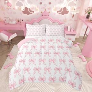 Feelyou Bow Bedding Set Boys Girls Full Size Pink Girls Bow Comforter Set for Kids Women Men Ultra Soft Cute Bowknot Duvet Quilt Kawaii Room Decor