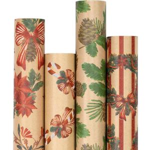 RUSPEPA Kraft Christmas Wrapping Paper Set, Jumbo Roll, Vintage Red Bow, Wreath, Poinsettia, Pine Cone & Candy Cane Design Gift Wrap for Xmas Rustic Holiday, 4 Rolls, 30 Inches x 10 Feet per Roll