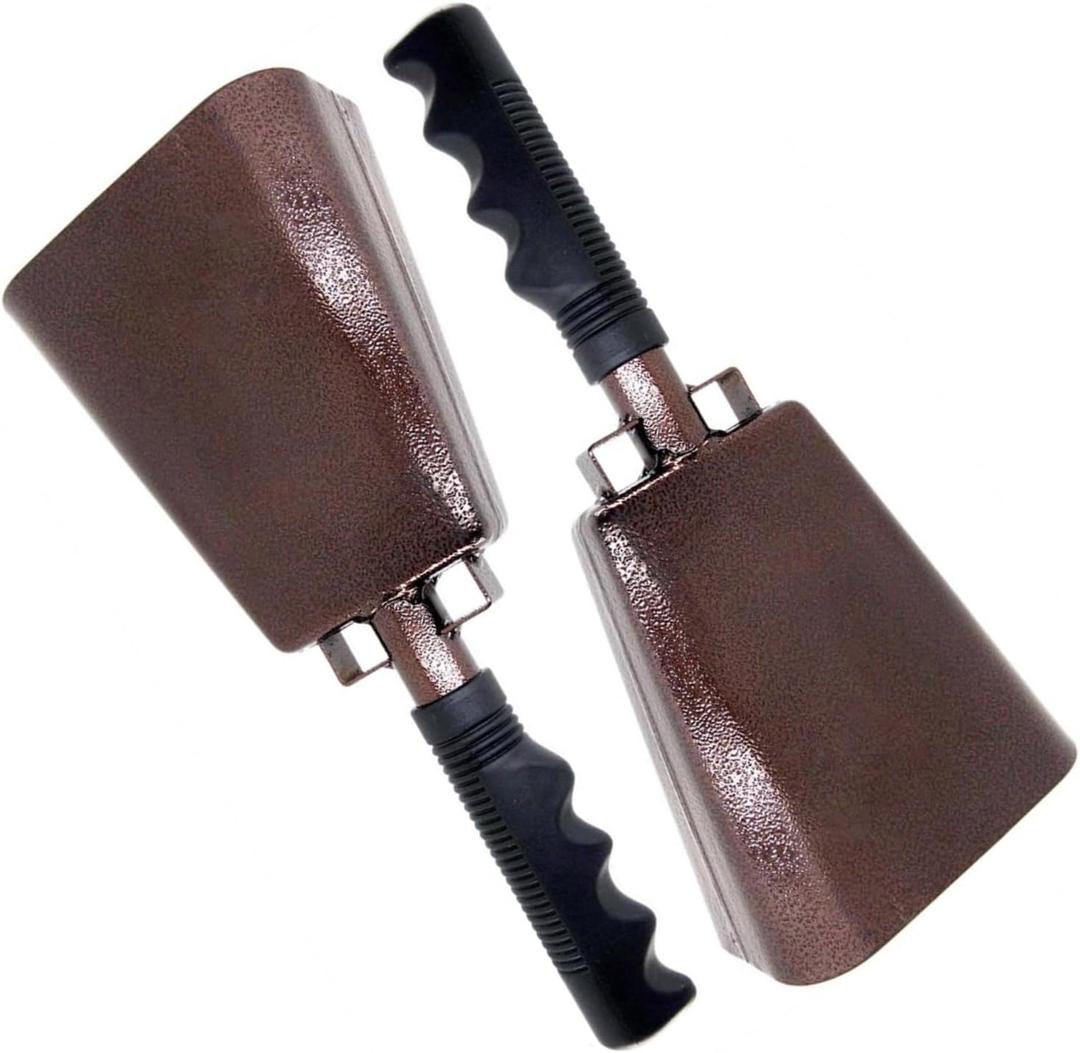 Deke Home - 2 Pack 10 Inch Steel Cowbells with Handle, Loud Noise Makers for Football, Sports, Parties, Competitions, School Spirit & Safety, Large Hand Bell for Cheering & Percussion Instrument (Copper)