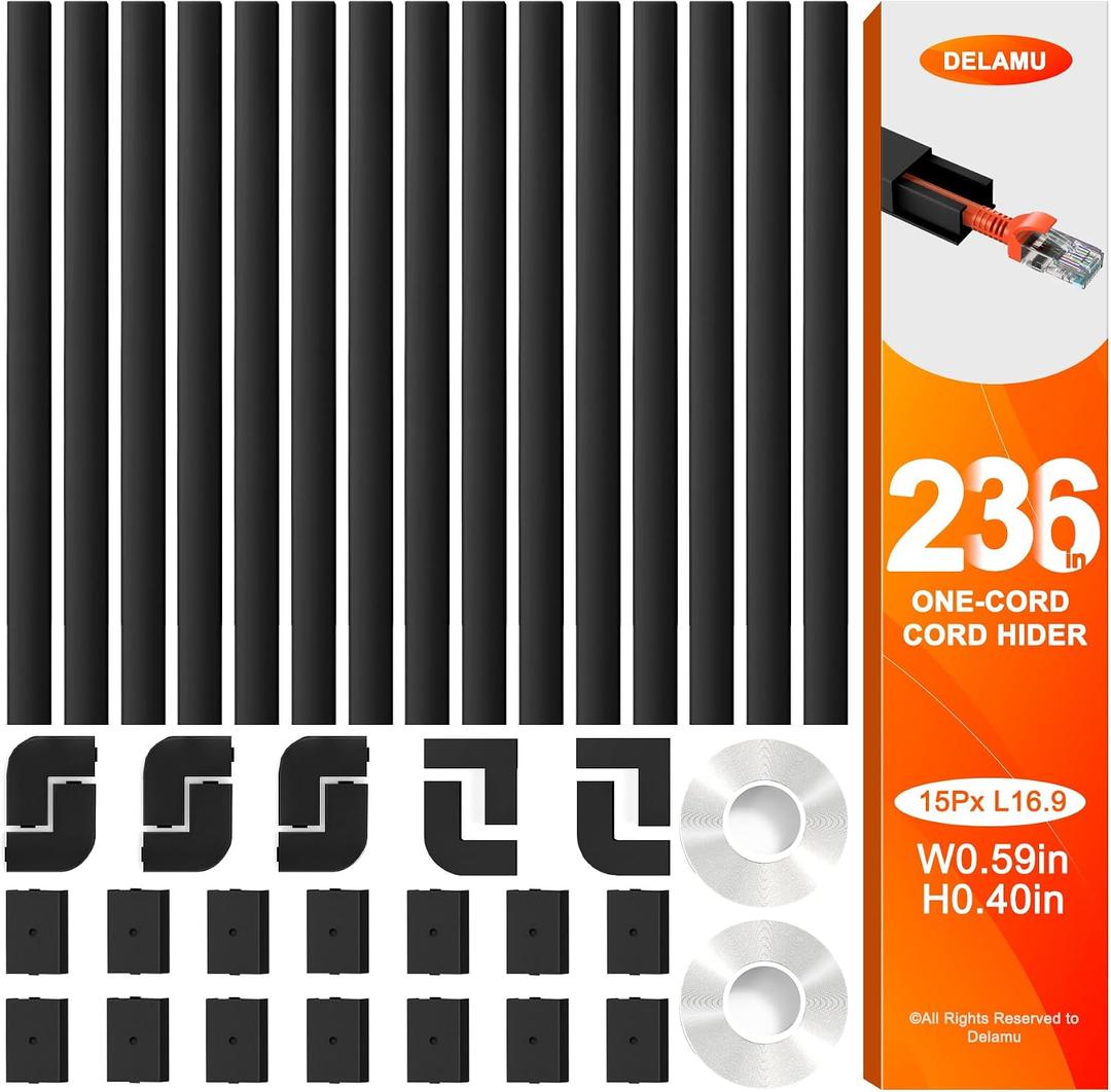Delamu 236in Cord Hider, One-Wire Cord Covers for Wires on Wall, Easy-to-Install Cable Hiders for Mounted Tv, Cable Management Kit, Cable Raceways, W0.59 H0.4in, Black