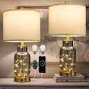 Oneach 22" Glass Table Lamps Set of 2, Gray Modern Bedside Lamp with LED Night Light for Living Room, Nightstand Lamp with USB Ports for Bedrooms, Study Room, End Table(2 Bulbs Included)