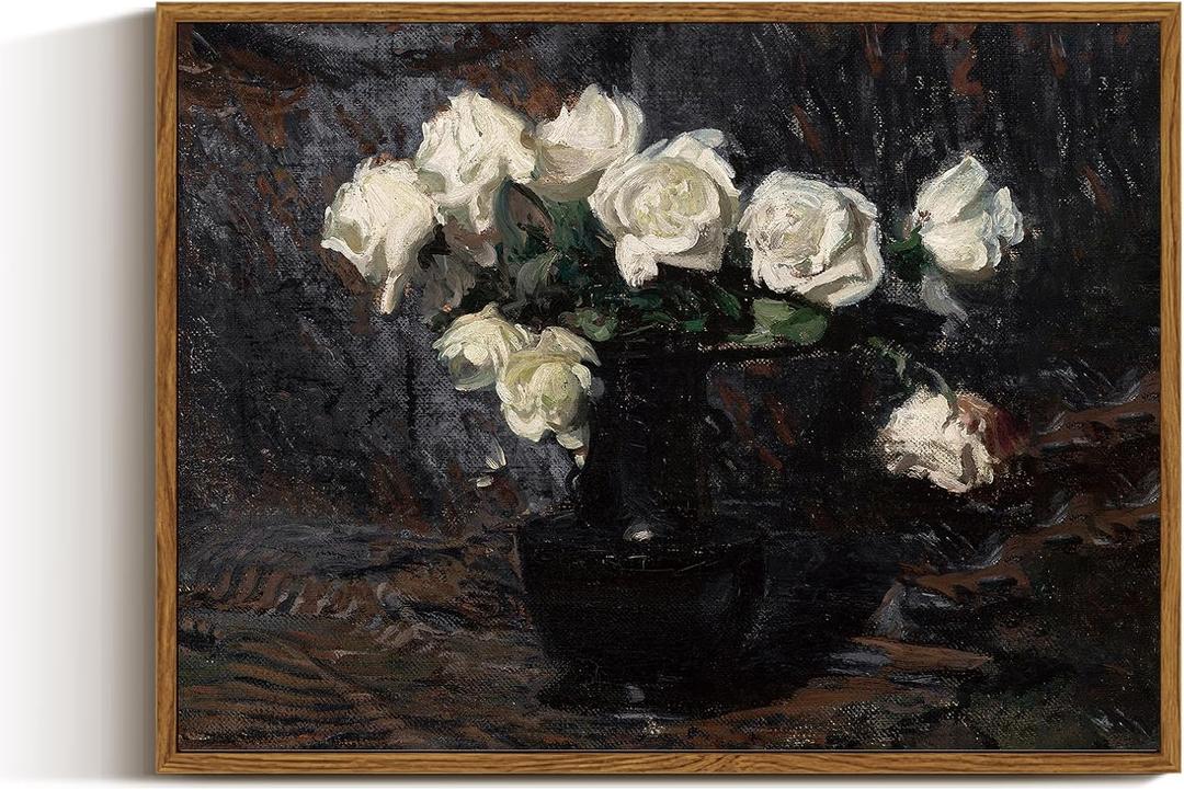 VIYYIEA Framed Canvas Wall Art Home Decor Vintage Botanical Prints White Roses in Vase Rustic Farmhouse Flower Wall Decor Mid Century Pictures Art Prints Floral Room Decor for Living Room 12x16in (16L" x 12W")