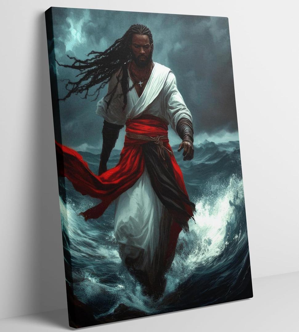 Black Jesus Walks On Water Canvas Wall Art African American God Miracle on Water Painting Wall Decor Black Man Christian Bible Stories Poster Print Artwork for Living Room Church Home Decoration (16"L x 12"W)