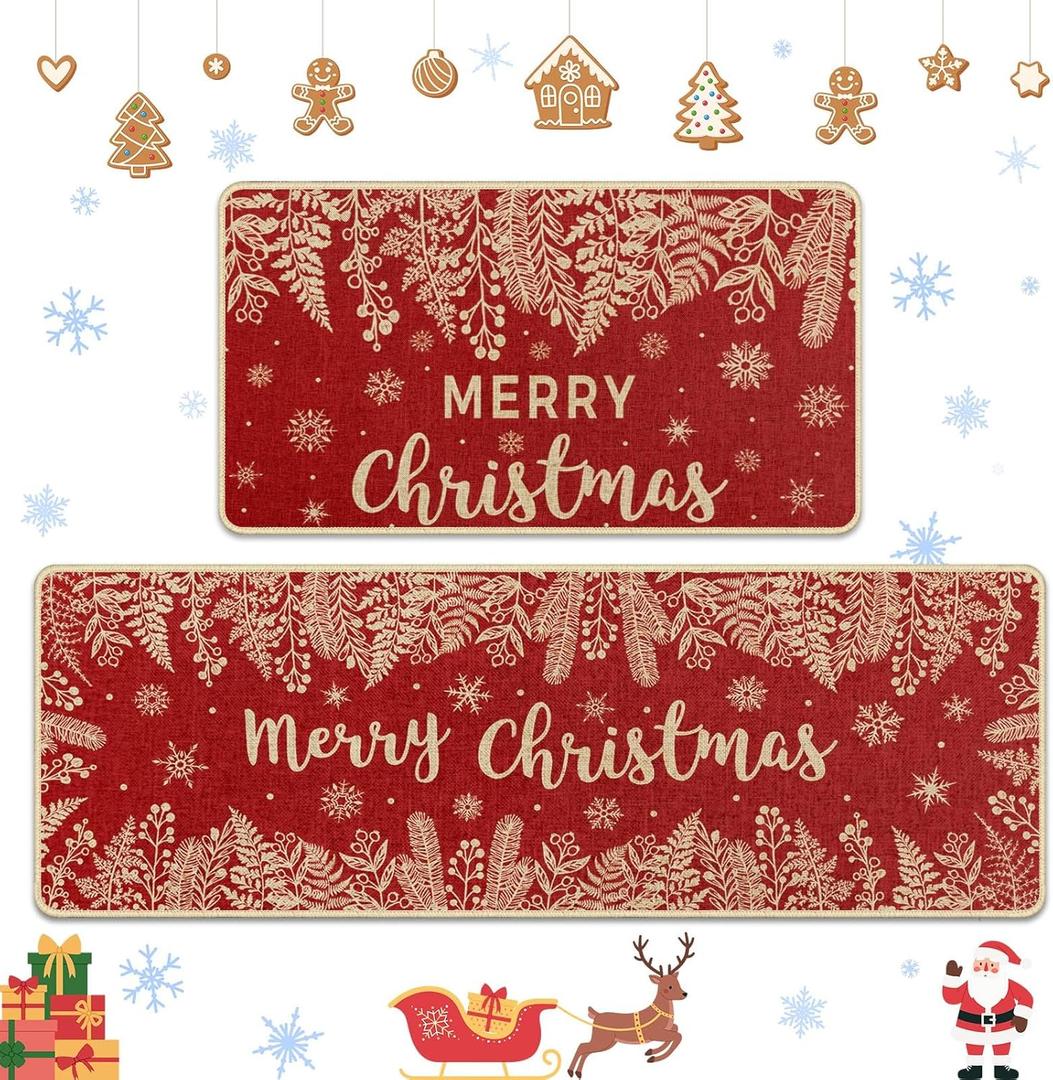 Christmas Red Holly Pine Kitchen Rugs and Mats Non Skid Washable Set of 2, Branches Leaves Xmas Kitchen Mats for Floor Decor