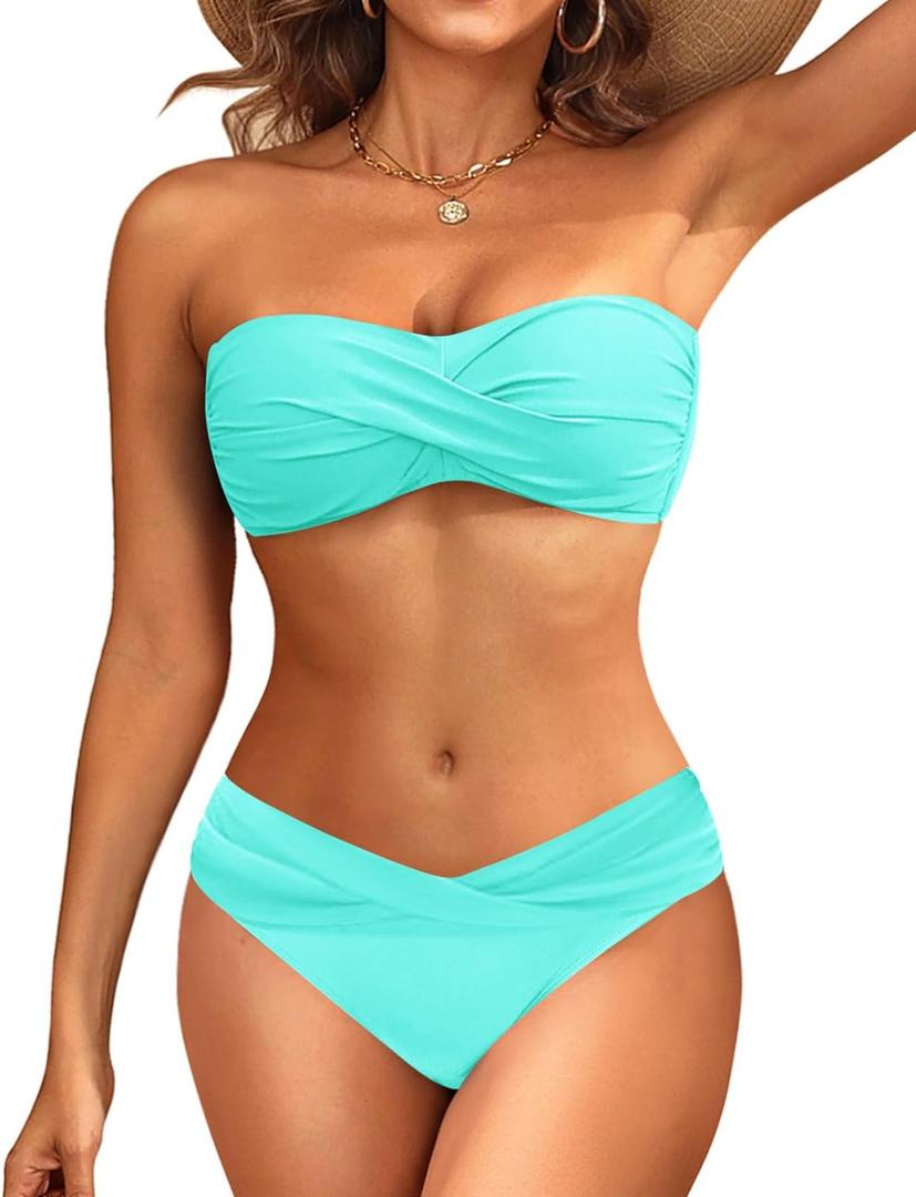 Women's Strapless Bandeau Bikini Set - Twist Front Two Piece Swimsuit with Side Tie Bathing Suit Bottom (Blue, M)
