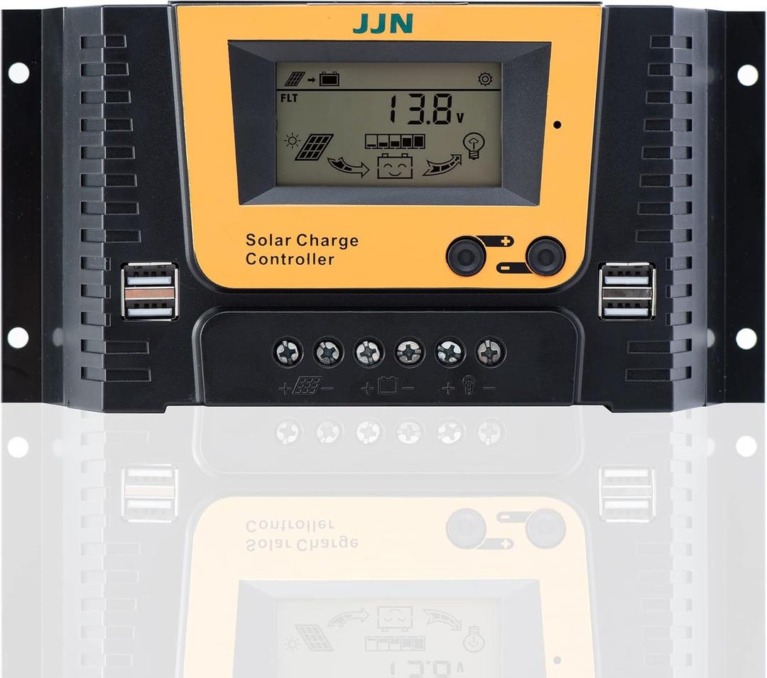 JJN 30A Solar Charge Controller 12V/24V/36V/48V Solar Panel Regulator with Adjustable LCD Display Dual USB Port Timer Setting PWM Auto Parameter