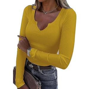 Roselux Women V Neck Ribbed Long Sleeve Shirt Fitted Basic Slim Knit Top, Large
