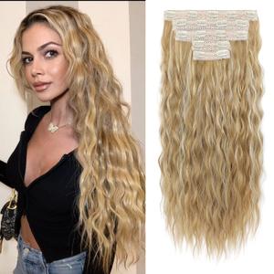 REECHO Clip in Hair Extensions, 5PCS Brown Hair Extensions 24" Thick Long Loose Waves hair extensions HE002 Invisible Lace Weft Natural Soft Hairpieces for Women  Dark Blonde with Highlights