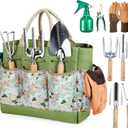 Grenebo Gardening Tools 9-Piece Heavy Duty Garden Hand Tools with Fashion and Durable Garden Tools Organizer Handbag, Rust-Proof Garden Tool Set, Ideal Gardening Gifts for Women