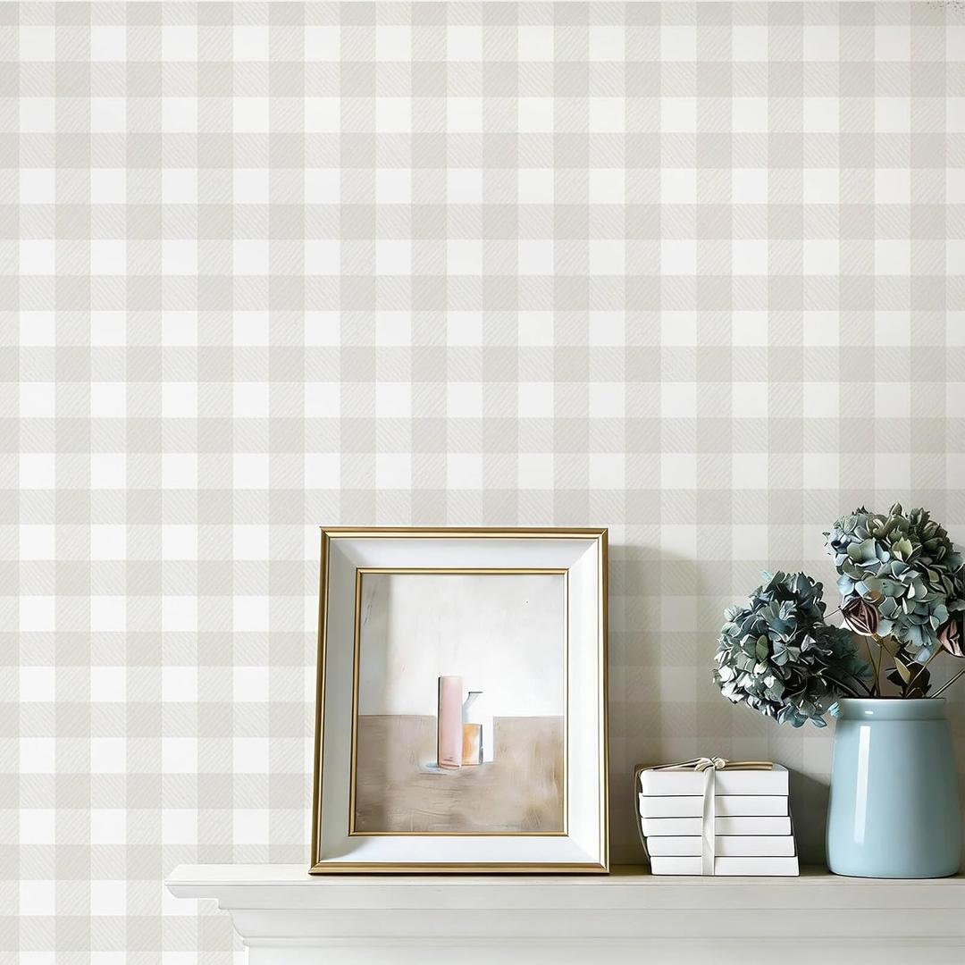 Plaid Wallpaper Neutral Wallpaper 393"17.3" Checkered Wall Paper Peel and Stick Modern Beige Contact Paper for Cabinets Vinyl Renter Friendly Waterproof Self-Adhesive Bathroom Kitchen Bedroom