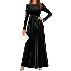 ZESICA Women's Velvet Maxi Dress Fall 2026 Long Puff Sleeve Crew Neck Elastic High Waist Cocktail Party Bridesmaid Dresses (Black)