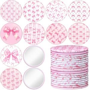 Briwooody 20 Pcs Pink Bow Coquette Compact Mirrors Bulk 2.75 Inch Round Portable Pocket Makeup Mirror Party Favors Gifts for Women Breast Cancer Awareness Bridal Shower Bachelorette Party Decor