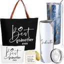 Domensi 4 Pack Valentines Godmother Proposal Gifts Set Included 20oz Stainless Steel Tumbler Cup with Straw and Lid Best Godmother Ever Gift Tote Bag Makeup Bag Scented Candle Mother Favors (Black) (Blue)