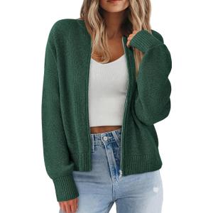NALANISA Women's Chunky Cardigan Sweaters Fall Open Front Long Sleeve Ribbed Knit Zipper Short Cardigans Outerwear Coats (Large, Dark Green)