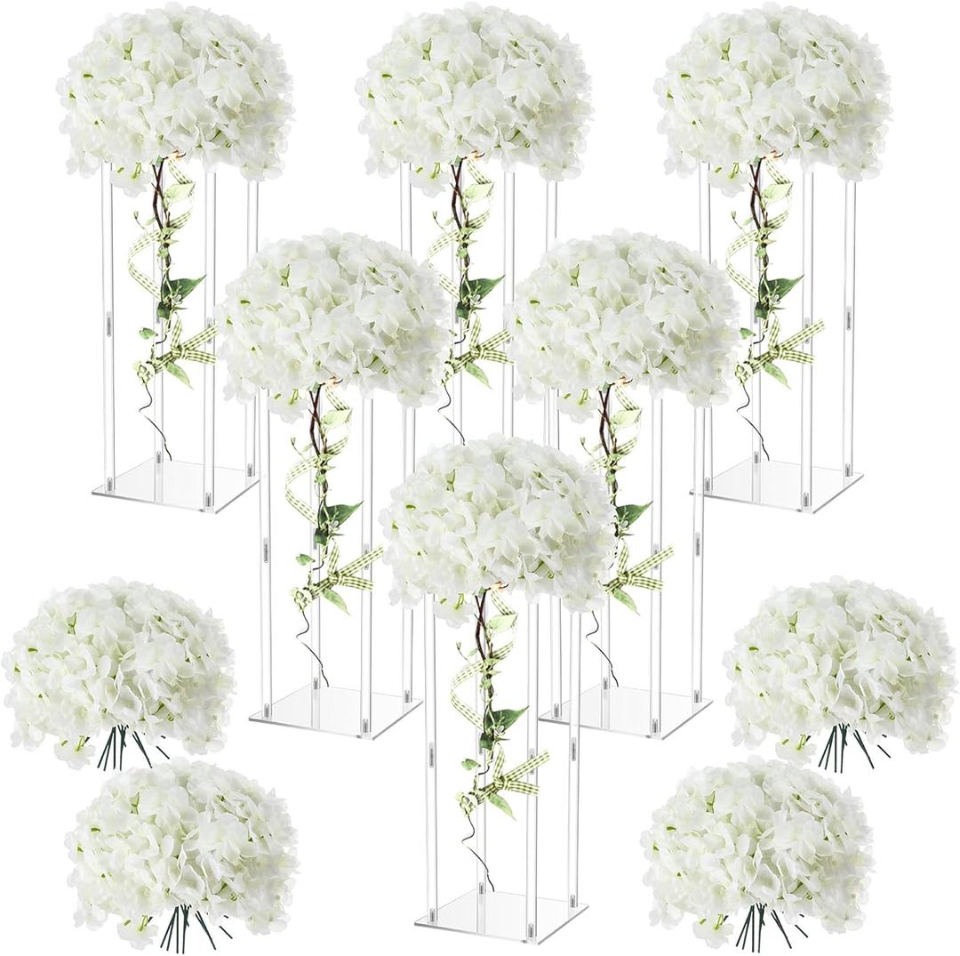 Geetery 6 Pcs Tall Acrylic Vase Wedding Centerpieces Clear Elegant Centerpiece Stand with Artificial Hydrangea Flowers for Wedding Party Table Home Decorations (20 Inch)
