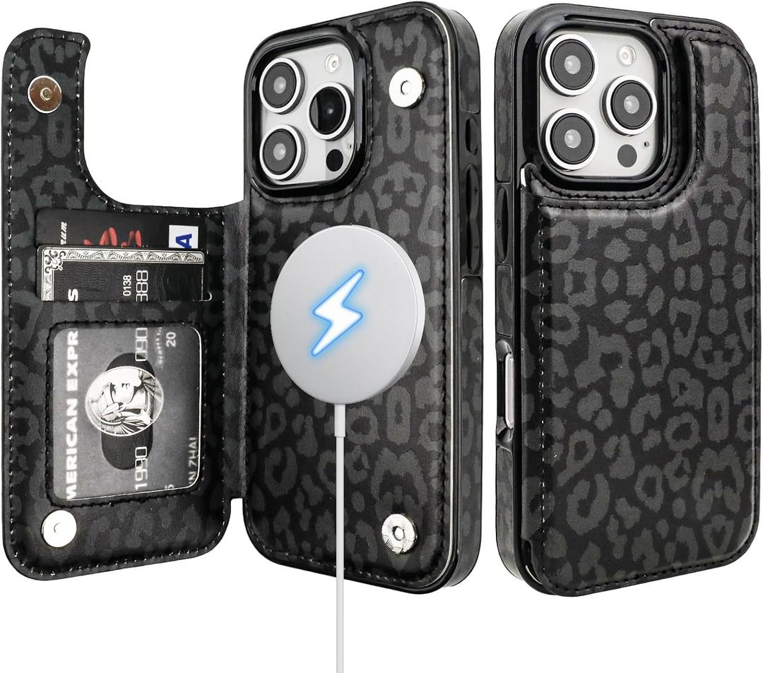 HAOPINSH for iPhone 16 Pro Case Wallet Compatible with MagSafe Wireless Charging, Black Leopard Cheetah Pattern Back Flip Folio Leather Kickstand Card Slots Case Double Magnetic Clasp Cover 6.3"