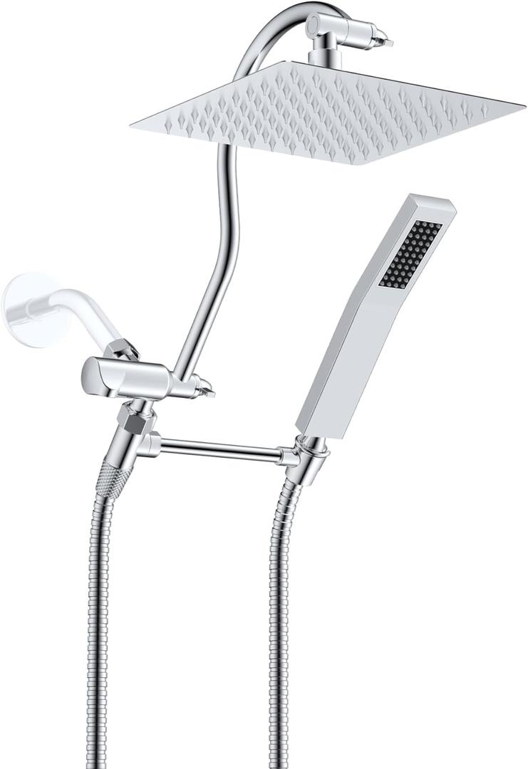 Hibbent All Metal Shower Head, 8'' High Pressure Rainfall Shower Head, Showerhead Combo, Handheld Shower Wand, 12'' Adjustable Curved Shower Extension Arm, 71'' Hose, Shower Head Holder, Chrome