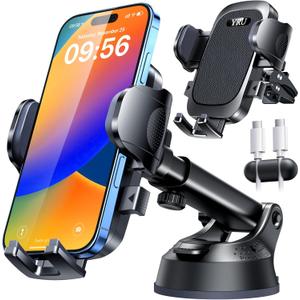 YRU [True Upgrade for Safety] Car Phone Holder Mount [Patent & Military-Grade] Dashboard Cell Phone Holder for Car Vent Windshield Phone Stand for iPhone 17 16 15 14 13 Pro Max Truck Samsung, Black