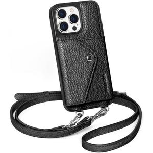 LUCKYCOIN Crossbody Wallet Phone Case for iPhone 15 Pro Max,100% Genuine Leather Wallet Phone Case with Expandable Flip Card Holder, Phone Purse for Women with Adjustable Removable Strap - Pebble Black