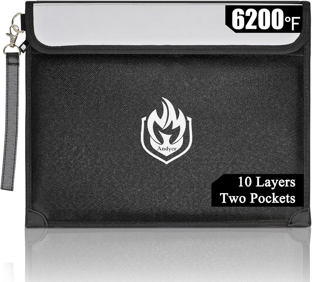 2 Pockets Fireproof Document Bag 6200F, 10 Layers Waterproof Fireproof Money Bag for Cash with Reflective Strip, Heat Insulated Waterproof Document Holder Pouch, Fire Safe Storage (Black)