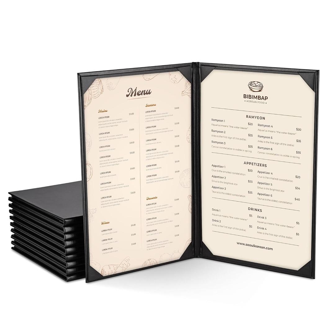 PU Leather Hard Menu 2 view - Black - 9 x 14.5 (10 Ct)