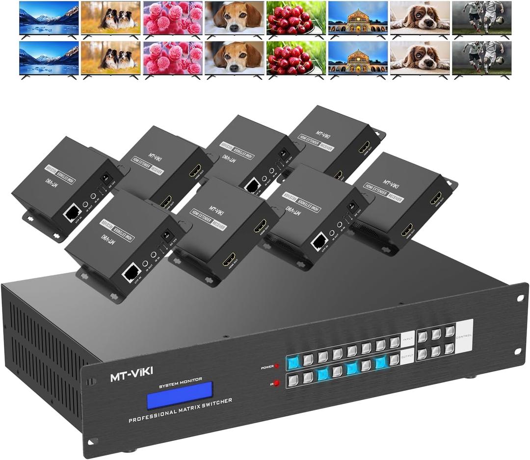 MT-VIKI 8x8 HDMI Matrix Extender 4K60Hz, 8 in 24 Out with CAT6/7/8 Transmission up to 230ft, POC Power, Web GUI, RS232 Control, EDID for Church, Conference & Pro AV System (with 8 POC Receivers)