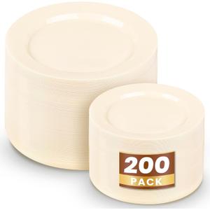 WDF 200PCS Ivory Plastic Plates - Elegant Ivory Disposable Plates for Party- Include 100 Dinner Plate 10inch and 100 Plastic Dessert Plate 7inch Perfect for Party/Baby Shower/Wedding/Birthday