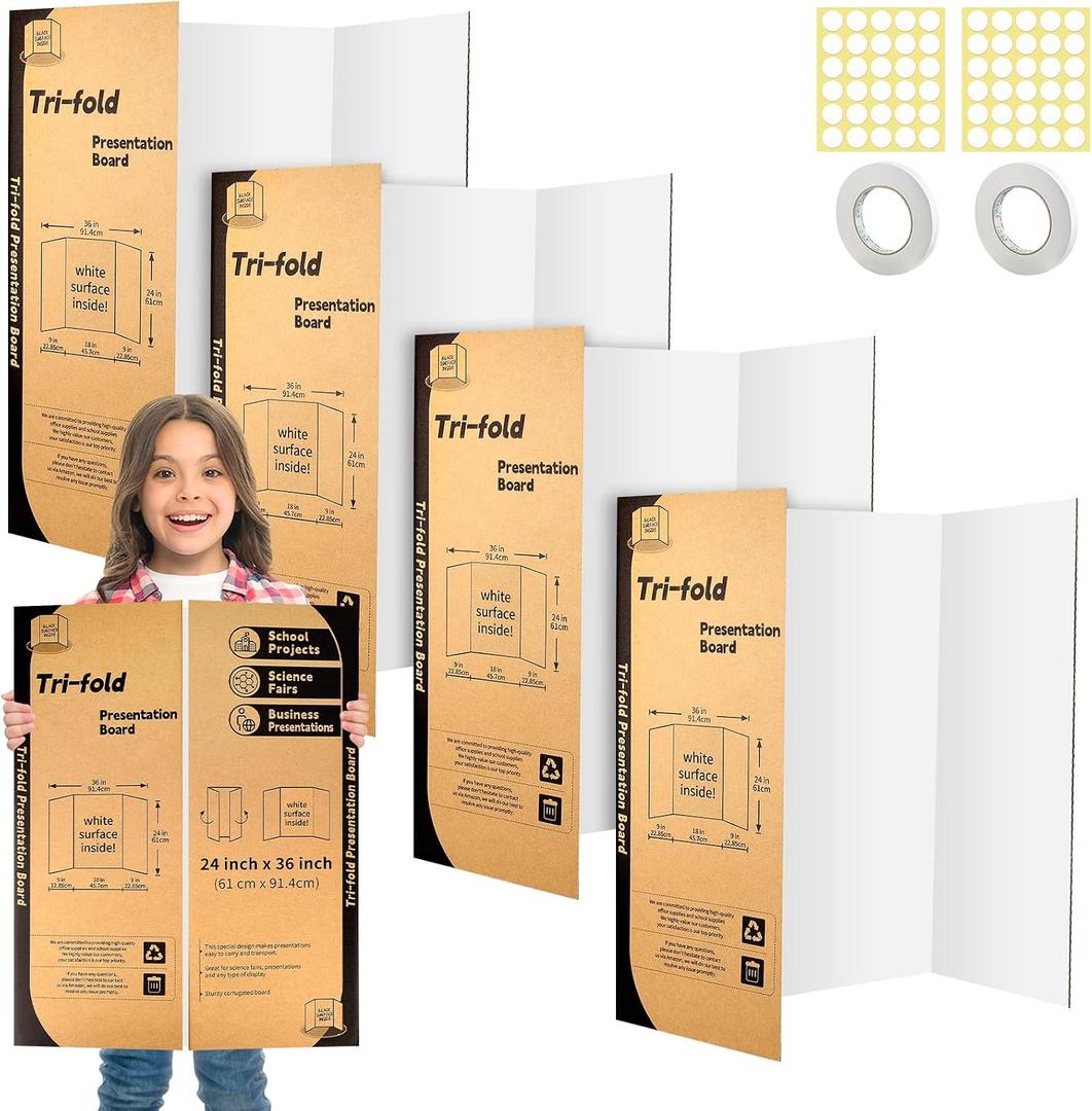 4 Pack Trifold Poster Board 24" X 36", IKAYAS Single sided White Tri-fold Poster Boards, Science Fair Display Boards Presentation Boards for Mounting, Art, Display, Projects Classroom Supplies