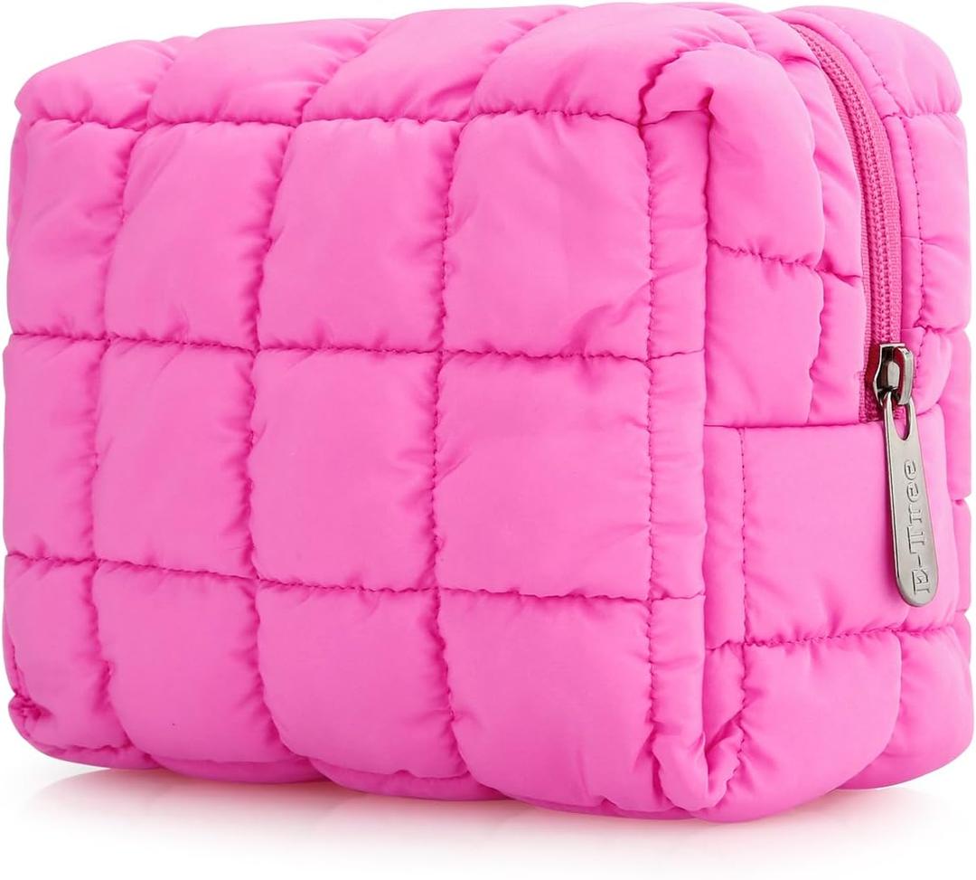E-Tree Cute Makeup Bag,Quilted Cosmetic Bag,Make up Pouch for Purse,Toiletry Zipper Pouch,Checkered Bag,Travel Case,Storage Pouches for Organization (Hot Pink) (7.5 x 5.5 x 3.5)