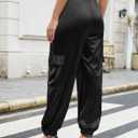 ZAFUL Womens Satin Joggers 2025 Boho Chic Cargo Jogger Pants High Waisted Stretch Silk Ankle Pants Slack Trousers (Black, L)