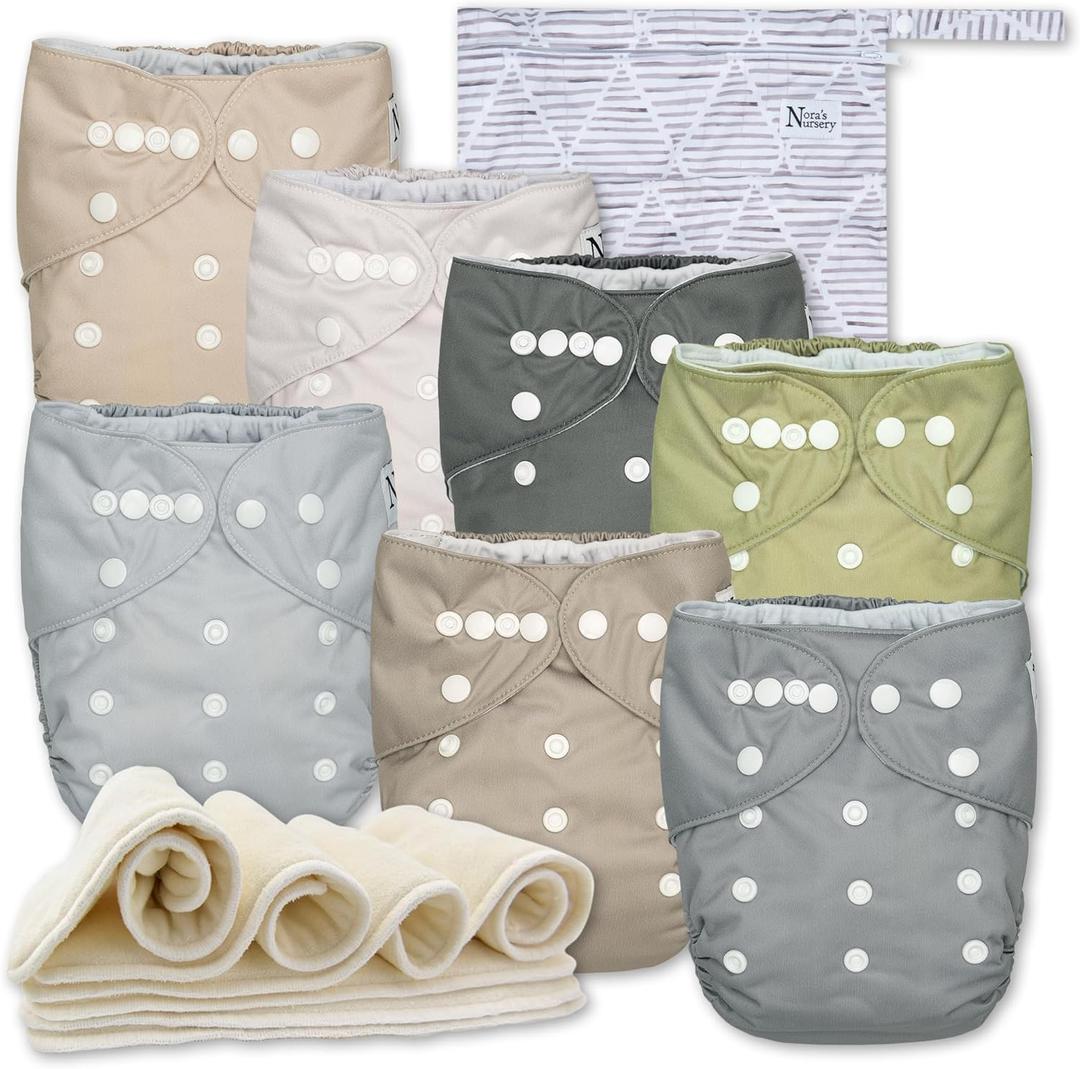 Nora's Nursery Cloth Diapers 7 Pack with 7 Inserts & 1 Wet Bag - Waterproof Cover, Washable, Reusable & One Size Adjustable Pocket Diapers for Newborns and Toddlers - Sand and Stone