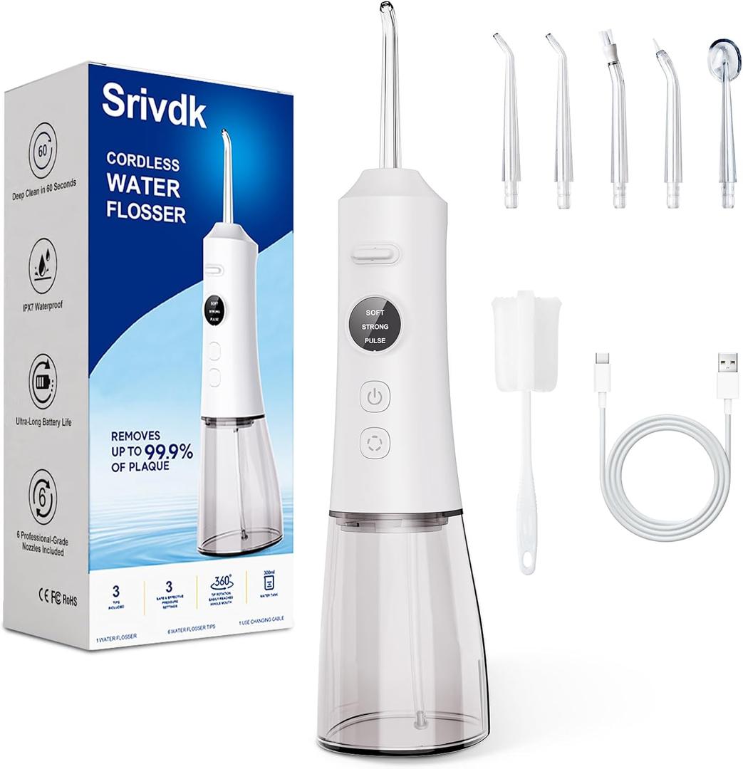 Water Dental Flosser for Teeth  300ML Cordless Oral Irrigator with 6 Replaceable Jet Tips, 3 Modes, Portable Rechargeable Electric Flosser for Braces & Sensitive Gums, IPX7 Waterproof for Home&Travel