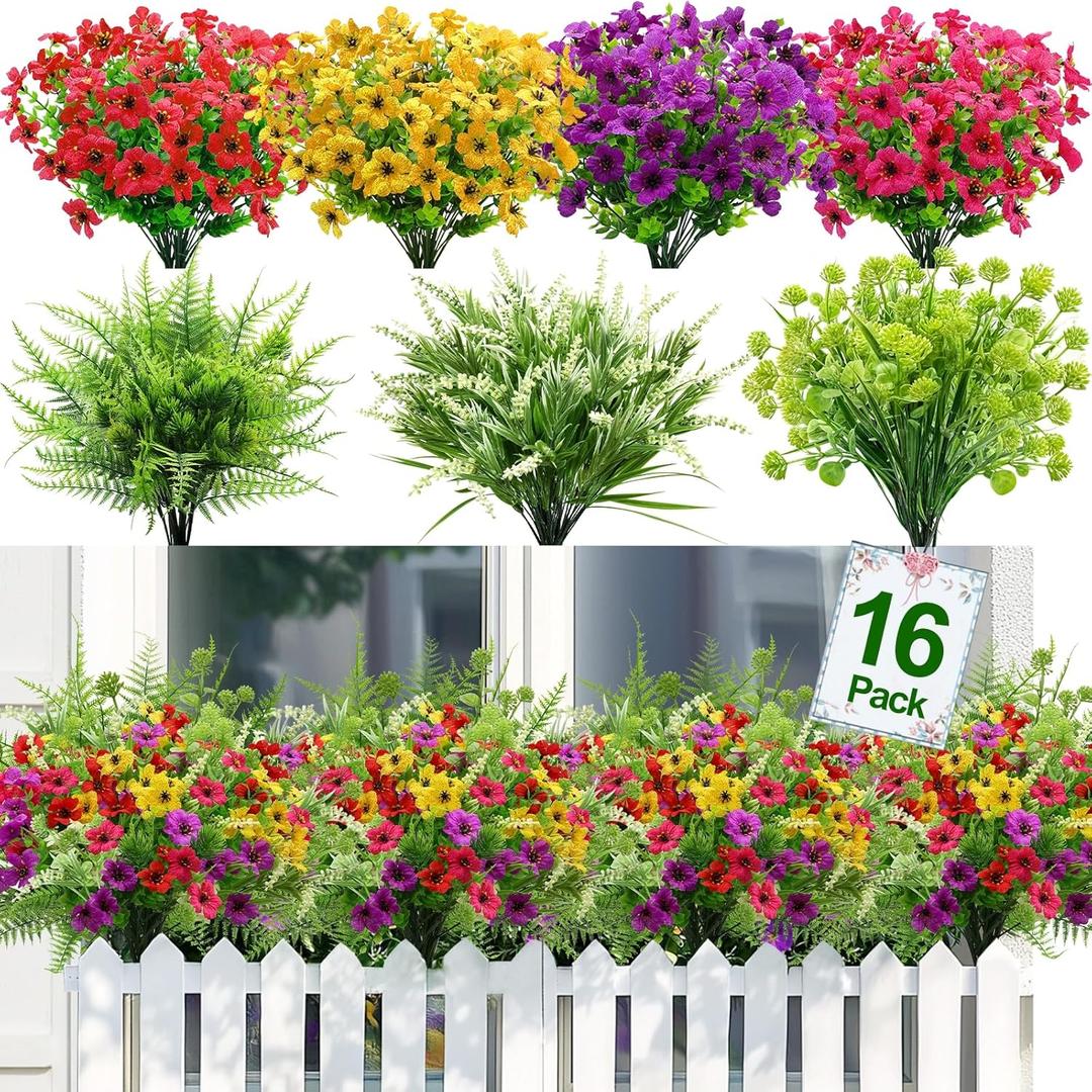 TURNMEON 16 Bundles 7 Styles Artificial Flowers for Outdoors Summer Decor, UV Resistant No Fade Outdoor Faux Plants Colorful Daisy Boston Fern Lavender Fake Flowers for Outside Indoor Gardens Home