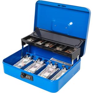 Jssmst Locking Metal Cash Box with Coin Lid, 11.8L x 9.5W x 3.5H Inches, Safe Money Box with Combination Lock, Blue, SM-CB0514BL