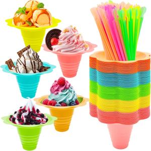 Jgalnim 200PCS 8oz Large Colorful Flower Shaped Snow Cone Cups with Spoon Straws,Plastic Shaved Ice Drip Cups,Reusable Snack Ice Cream Bowls for Party Summer Cookout Food Service Holiday Party