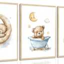 3Pcs Teddy Bear Nursery Wall Art Bear Sleeping on The Moon and Stars Painting Picture Wall Decor Neutral Cute Animal Poster Print Artwork for Kids Baby Room Bathroom Nursery Home Decoration Unframed