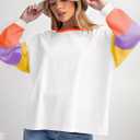 miduo Womens Long Sleeve Tops Color Block Stitching Casual Loose Fit Crew Neck Shirts Blouses (White, XL)