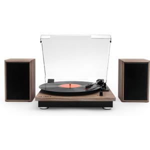 Victrola Montauk Vinyl Record Player, 3-Speed Belt Driven Turntable with Stereo Bluetooth Speaker Pair, RCA Output and 3.5mm Headphone Jack, Removable Dust Cover, Farmhouse Walnut Finish