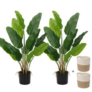 Hollyone 2pcs Large Artificial Bird of Paradise Plant in Pot, 30" Fake Palm Tropical Ferns Potted Plants, 2.6ft Faux Plantain Banana Leaf Plant for Indoor Outdoor Home Garden Decoration