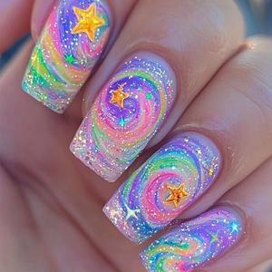MERVF Long Press on Nails Square Fake Nails Colorful Swirls Design Manicure Star Glue ons Rainbow Acrylic Squoval Nail DIY Supplies Glossy 24pcs Pack of 2