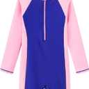Girls Long Sleeve Rash Guard Swimsuits Zipper Bathing Suits (8 Years, Dark Blue,pink)