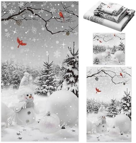 Preboun 3 Pack Christmas Snowman Bathroom Towels Set Grey Winter Forest Hand Towels Snowflakes Bath Towels Cardinal Dish Towels Christmas Washcloth for Bathroom Kitchen Hotel Beach Gym Spa