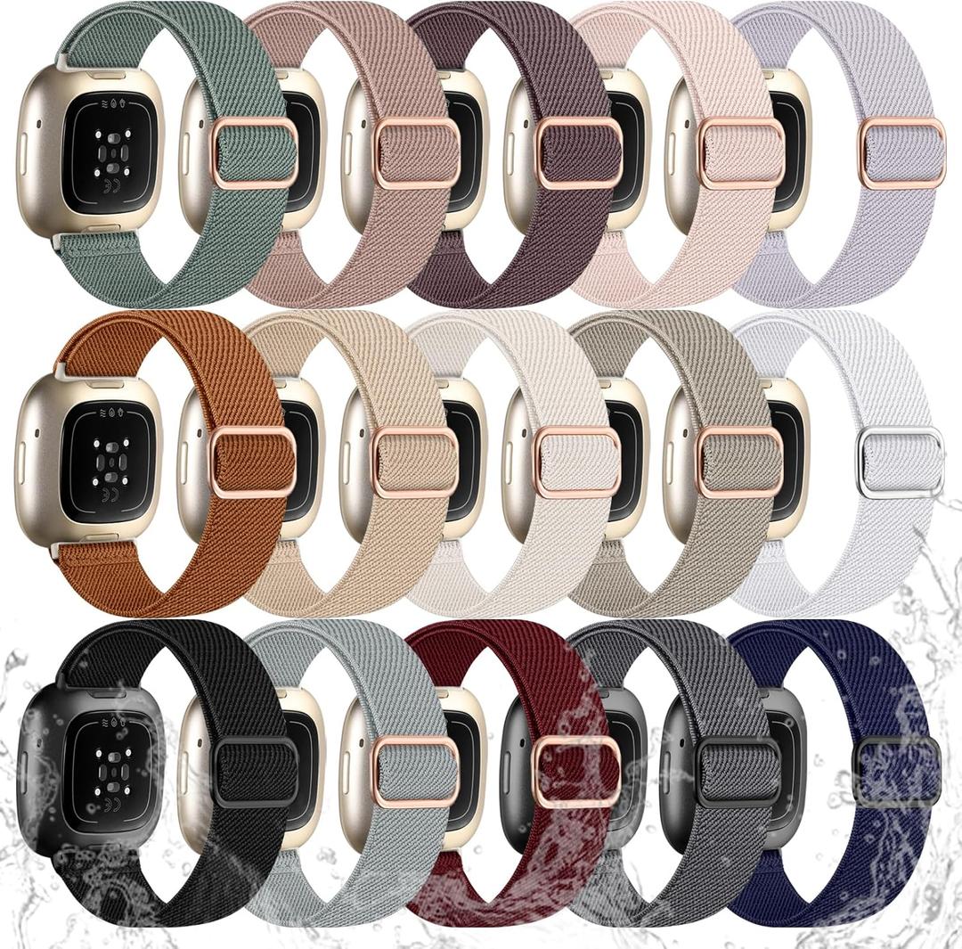 Odbeai Compatible with Fitbit Versa 4 Bands for Woman/Versa 3 Band, Compatible with Fitbit Sense 2 Bands/Sense Band, Water-Resistant Adjustable Stretchy Nylon Sport Strap for Smart Watches, 15 Packs