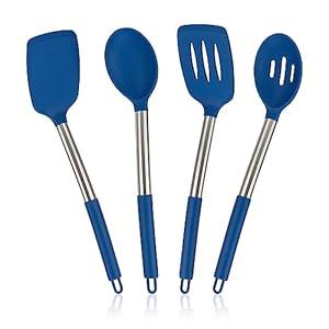 4 Pack Silicone Utensils Set, Non Stick Solid Spatulas, Heat Resistant Blue Slotted Spoons with Stainless Steel Handle, BPA Free Cooking Turner for Stir-Fry, Frying, Mixing, Serving, Draining, Turning