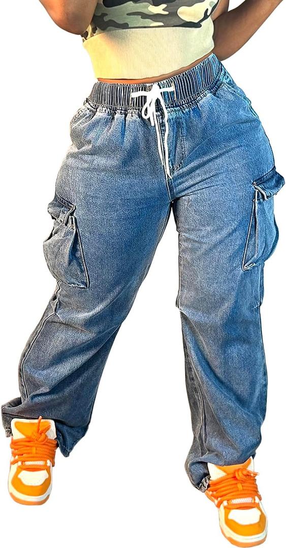 Mid Rise Cargo Jeans Women Elastic Waist Stretch Wide Leg Denim Pants with Pockets Baggy Streetwear Pants y2k (Large, Blue) Mid Rise Cargo Jeans Women Elastic Waist Stretch Wide Leg Denim Pants with Pockets Baggy Streetwear Pants y2k (Large, Blue)