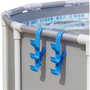 Chumia 2 Pack Pool Pole Hanger with 3 Hooks, Adjustable Poolside Organizer for Above Ground Pool Accessories with Support Rod for Skimmer Net, Brush, Vacuum Hose, Cleaning Tools (Blue)