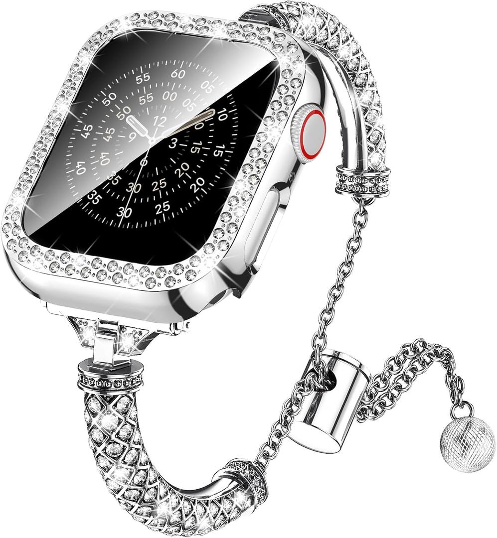 LETOID Bling Band & Case Compatible with Apple Watch 40mm 41mm 42mm 44mm 45mm 46mm Series 11 10 9 8 7 6 5 4 SE for Women, Fancy Metal iWatch Bands Rhinestone Bracelet Dressy Strap with Face Cover (Silver)